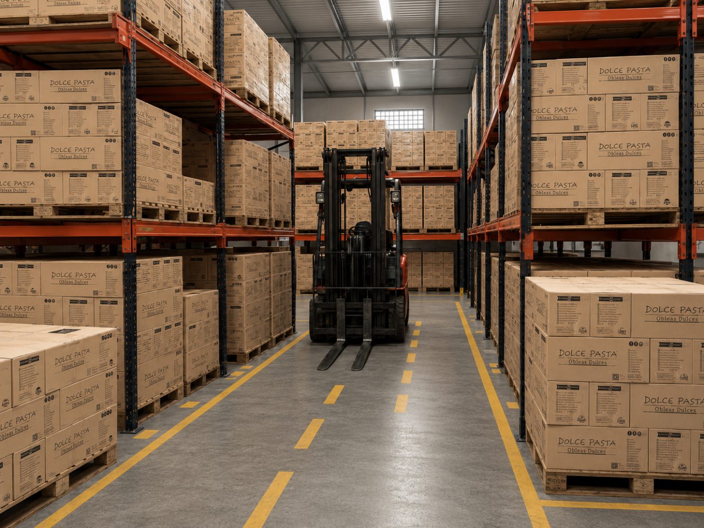 Depósito de Dolce Pasta: pallets de cajas de obleas dulces en estanterías y autoelevador en operación