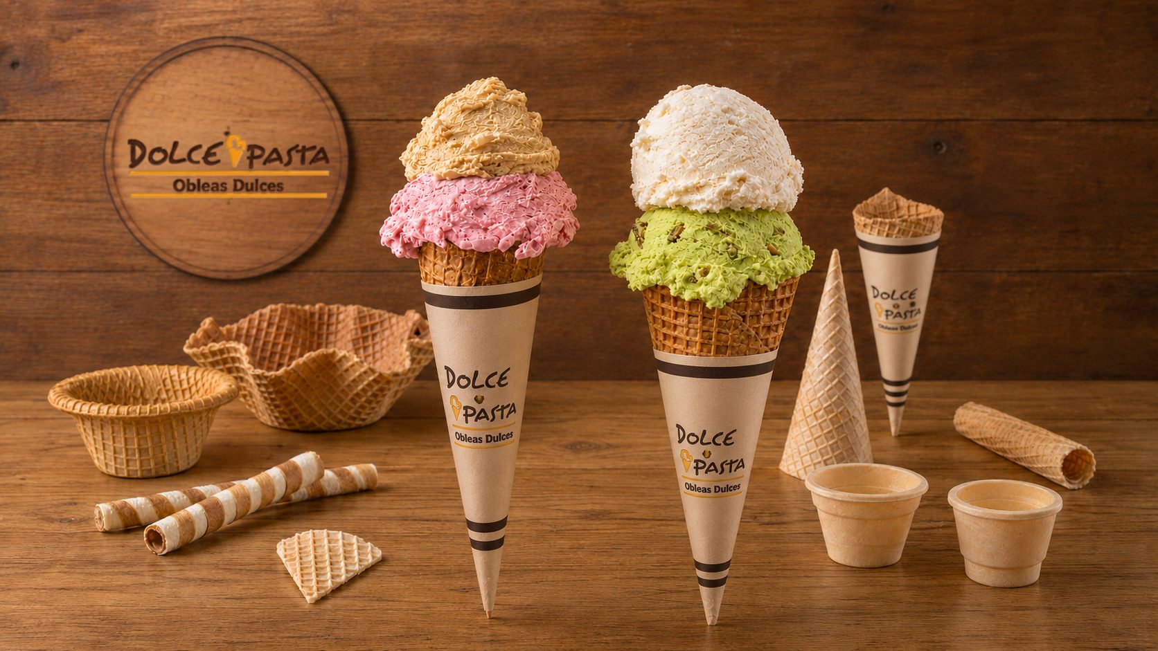 Familia completa de productos Dolce Pasta: barquillos, cucuruchones con helado, capelinas, cubanón, dolce rolly y tacitas sobre una mesa de madera